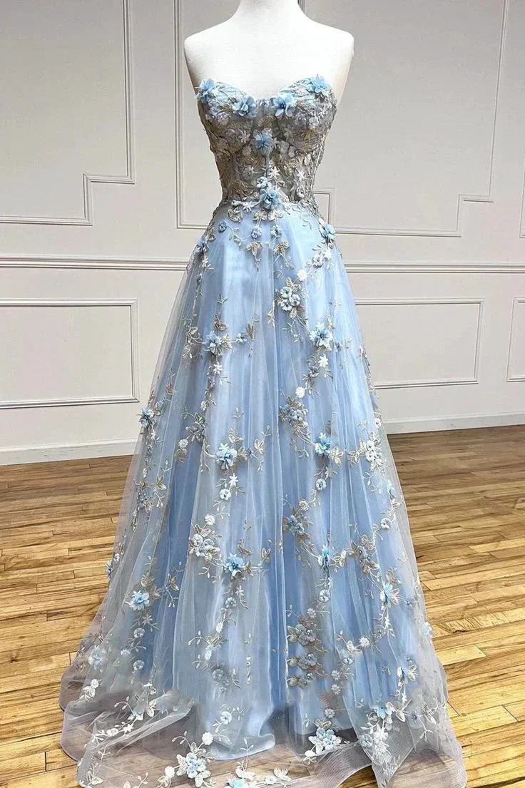 Blue Tulle Appliques Long Prom Dress A-Line Strapless Evening Dress Y6565 - Image 2