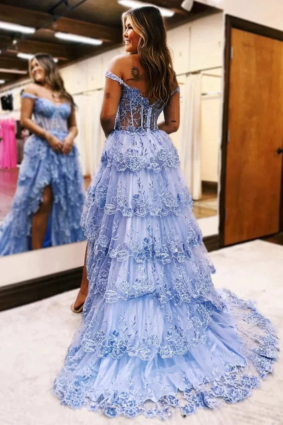 Blue Tulle Appliques Off-the-Shoulder Ruffle Long Prom Dress PSK478 - Image 4