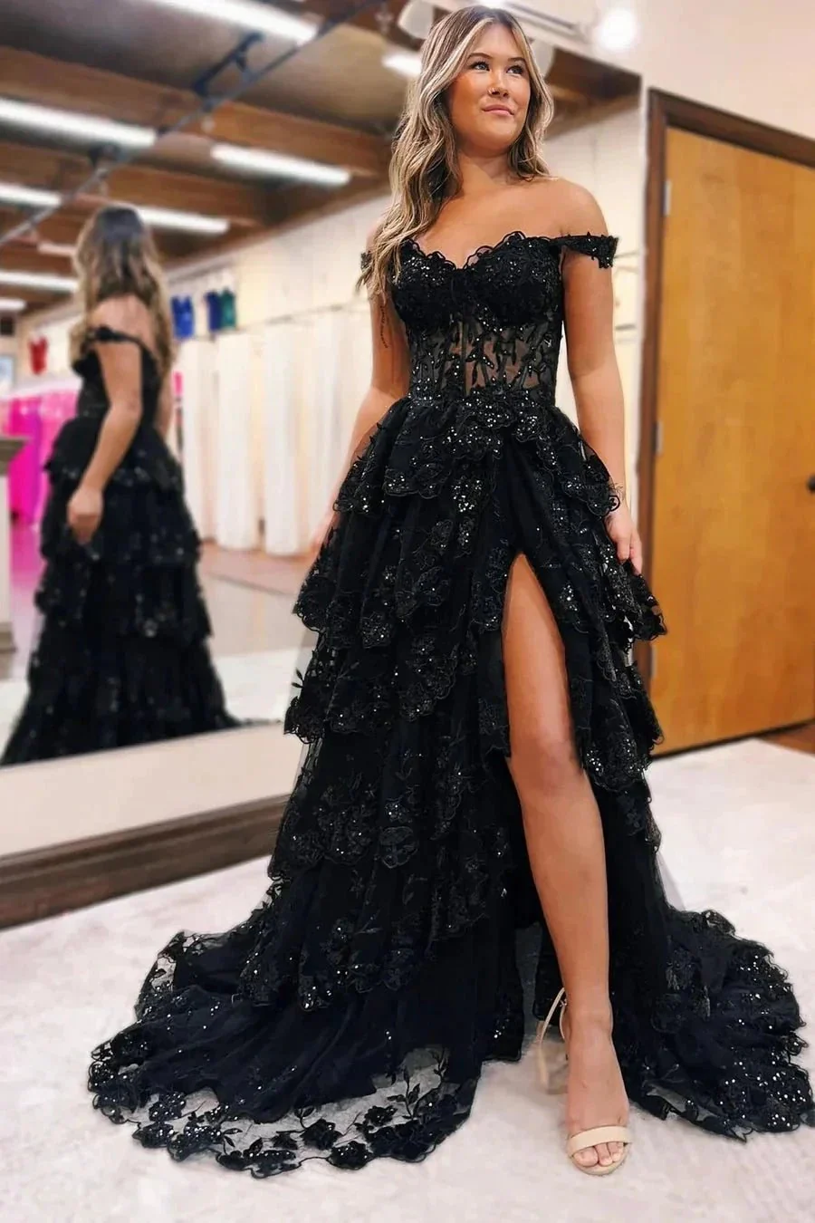 Blue Tulle Appliques Off-the-Shoulder Ruffle Long Prom Dress PSK478 - Image 5