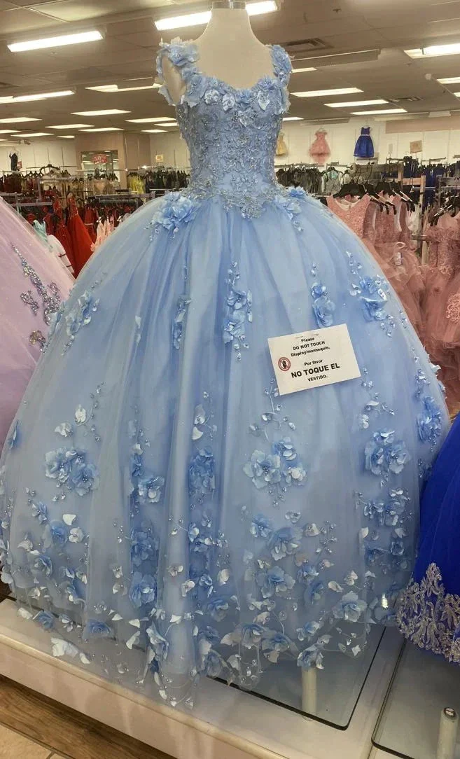 Blue Tulle Ball Gown With 3D Flowers,Blue Sweet 16 Dress,Blue Princess Dress Y2340 - Image 2