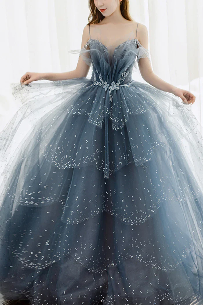 Blue Tulle Beaded Long A-Line Prom Dress, Blue Formal Evening Gown Y1579 - Image 2