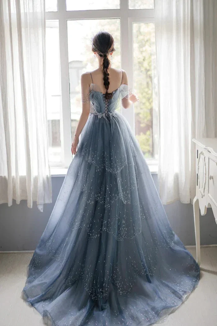 Blue Tulle Beaded Long A-Line Prom Dress, Blue Formal Evening Gown Y1579 - Image 3