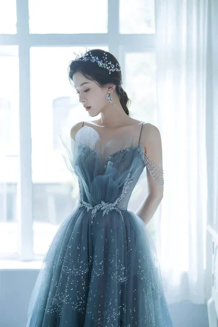Blue Tulle Beaded Long A-Line Prom Dress, Blue Formal Evening Gown Y1579 - Image 4