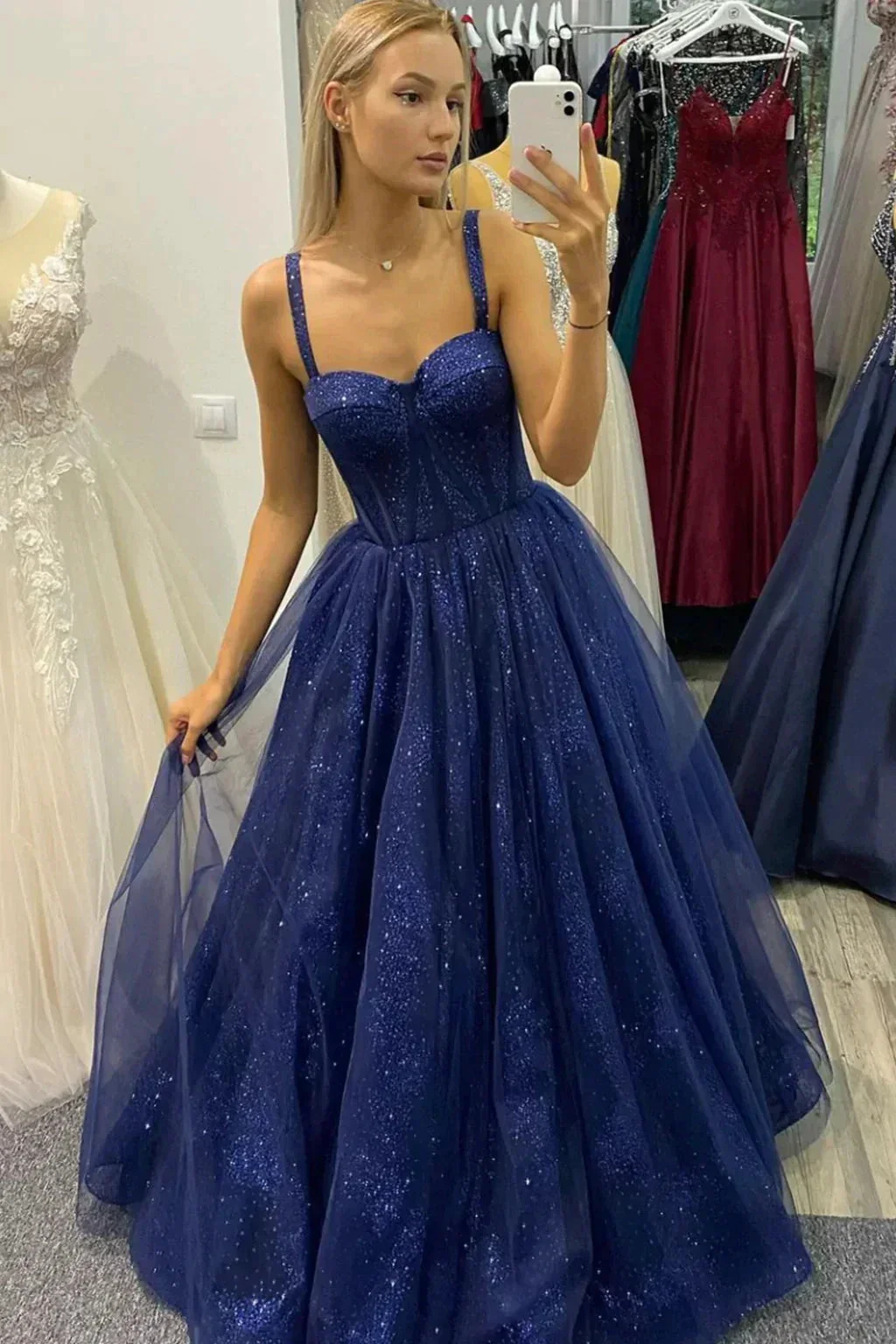 Blue Tulle Floor Length Prom Dress, A-Line Blue Evening Dress Y1392 - Image 2