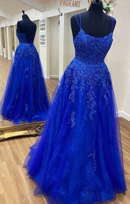 Blue Tulle Lace A-line Scoop Spaghetti Straps Prom Dresses, Evening Dress Y1816 - Image 2