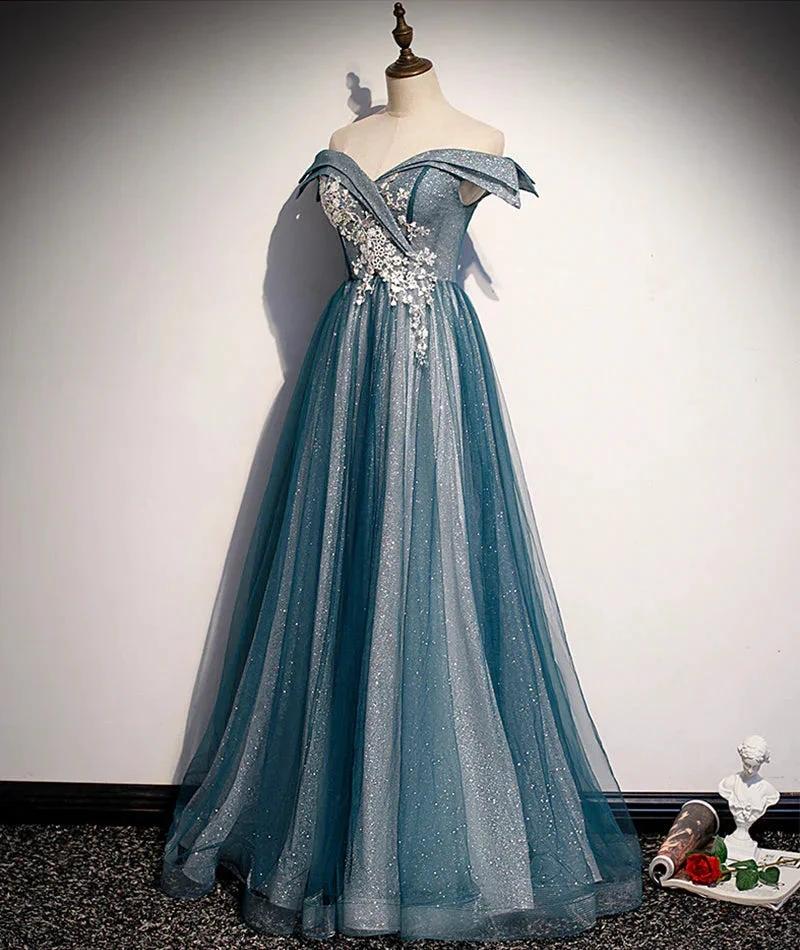 Blue tulle lace long prom dress off shoulder evening dress s105 - Image 2