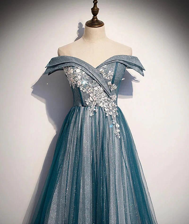 Blue tulle lace long prom dress off shoulder evening dress s105 - Image 3