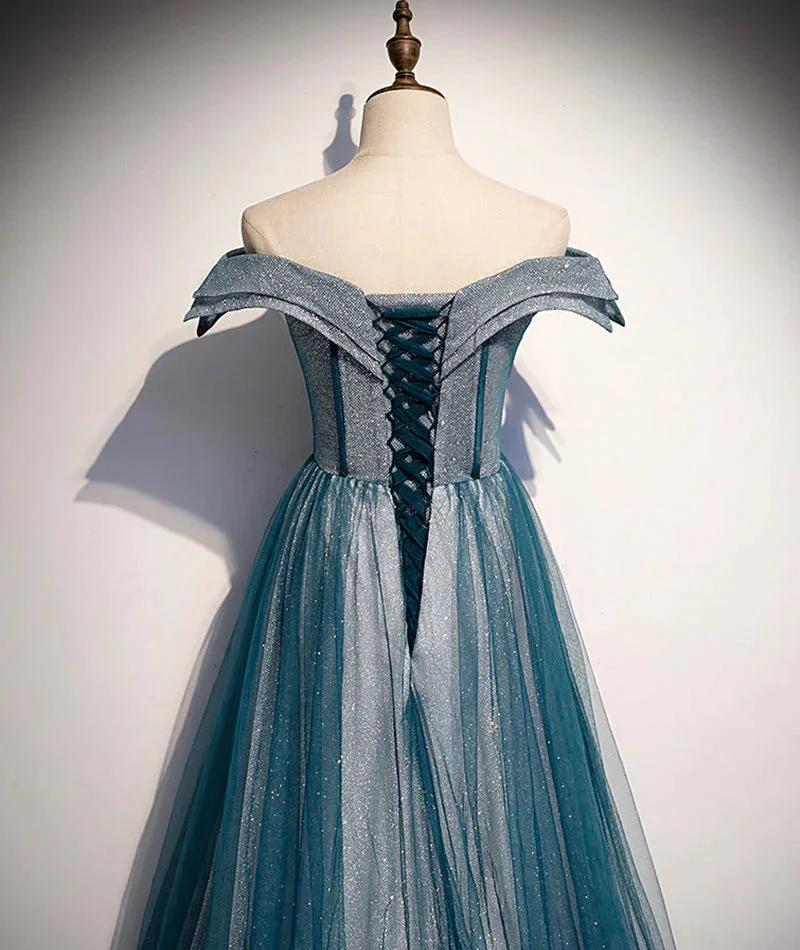 Blue tulle lace long prom dress off shoulder evening dress s105 - Image 4