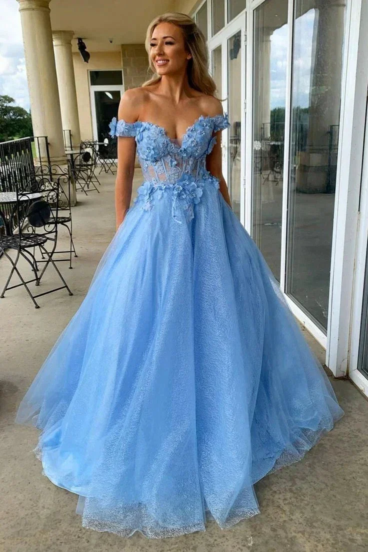 Blue Tulle Lace Long Prom Dresses, A-Line Off the Shoulder Evening Dresses Y1414 - Image 2