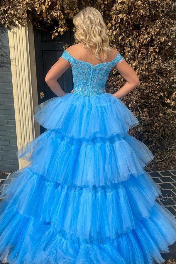 Blue Tulle Lace Off-the-Shoulder High-Low Tiered Prom Dress PSK397 - Image 2
