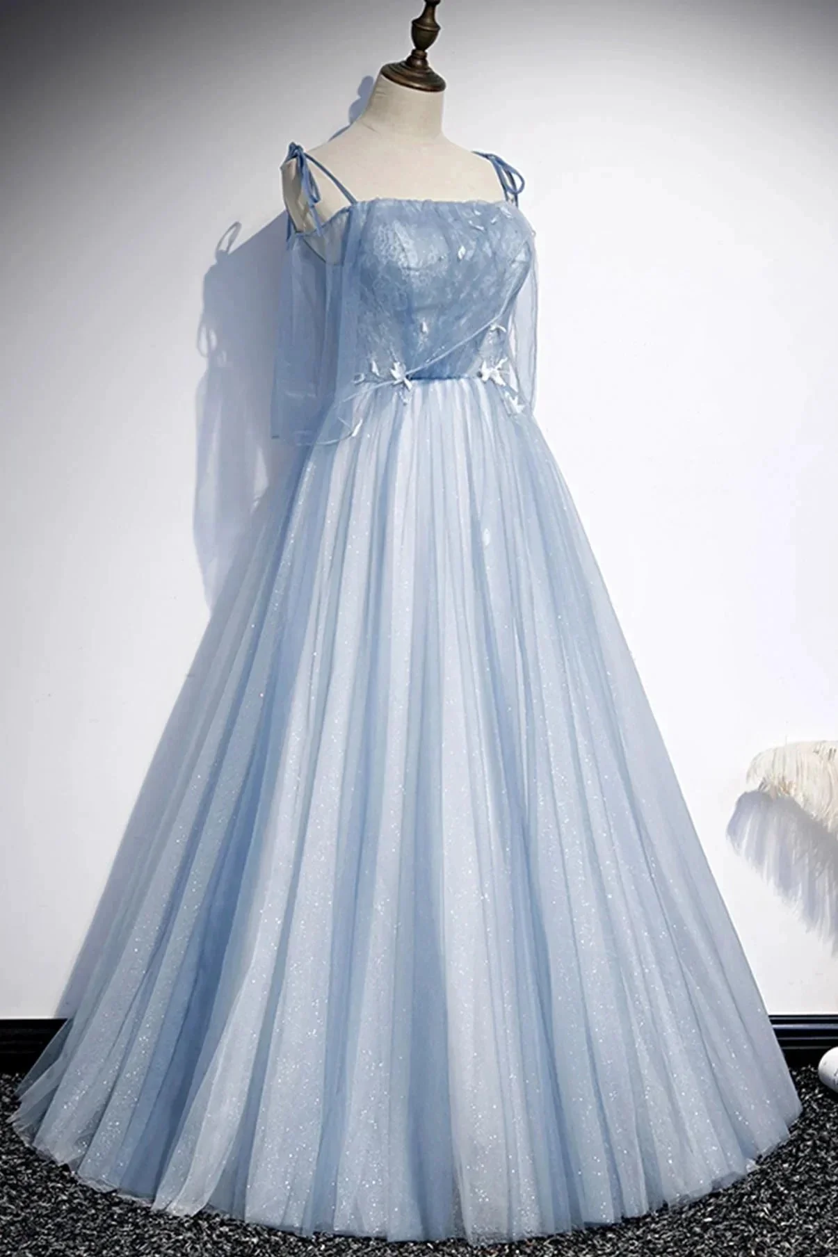 Blue tulle long A line prom dress evening dress s72 - Image 2