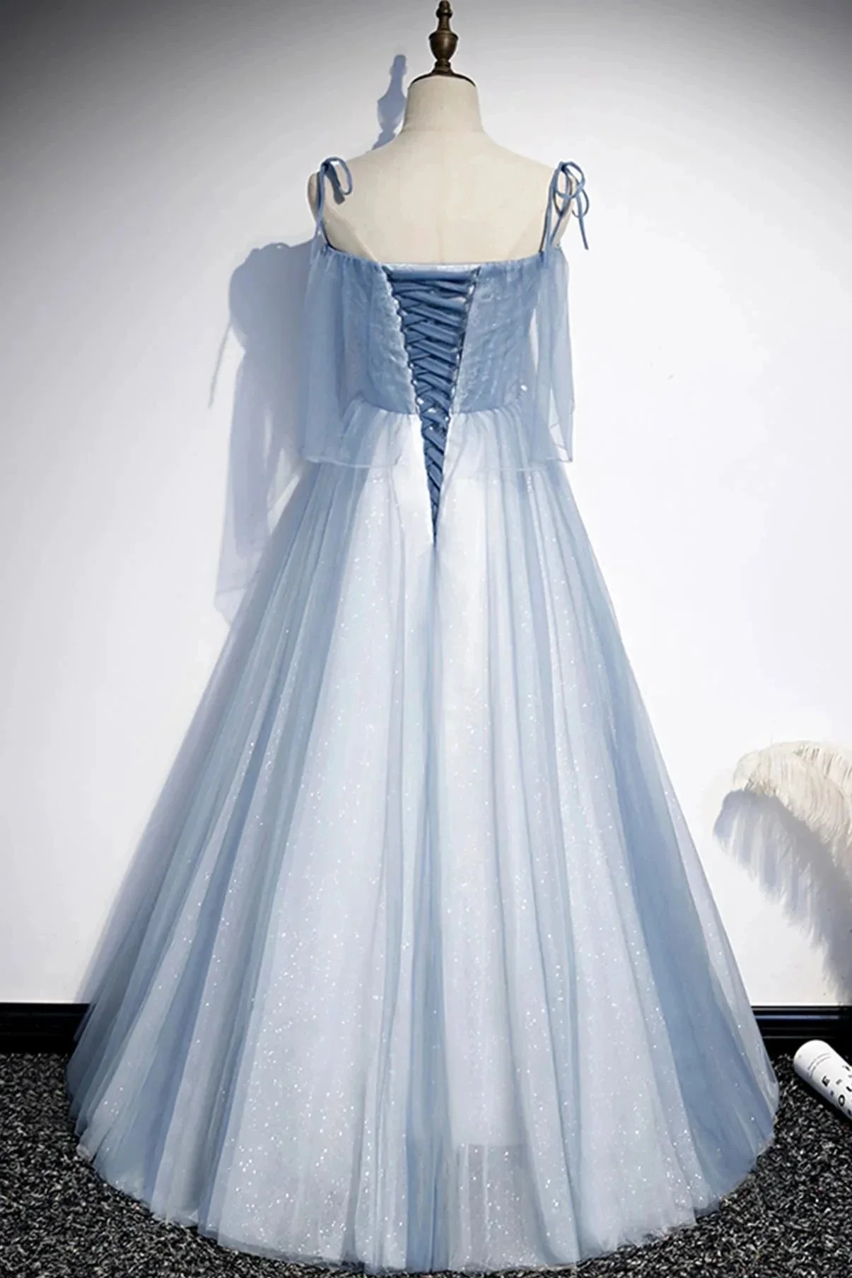 Blue tulle long A line prom dress evening dress s72 - Image 3