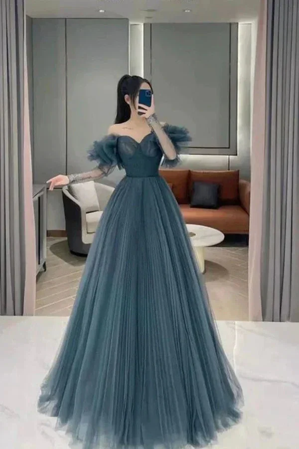 Blue tulle long prom dress A line evening dress Y190 - Image 2