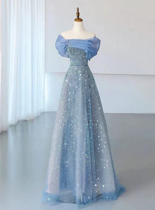 Blue Tulle Sequins Evening Dress Off The Shoulder Pleats A Line Prom Dress Y8041 - Image 2