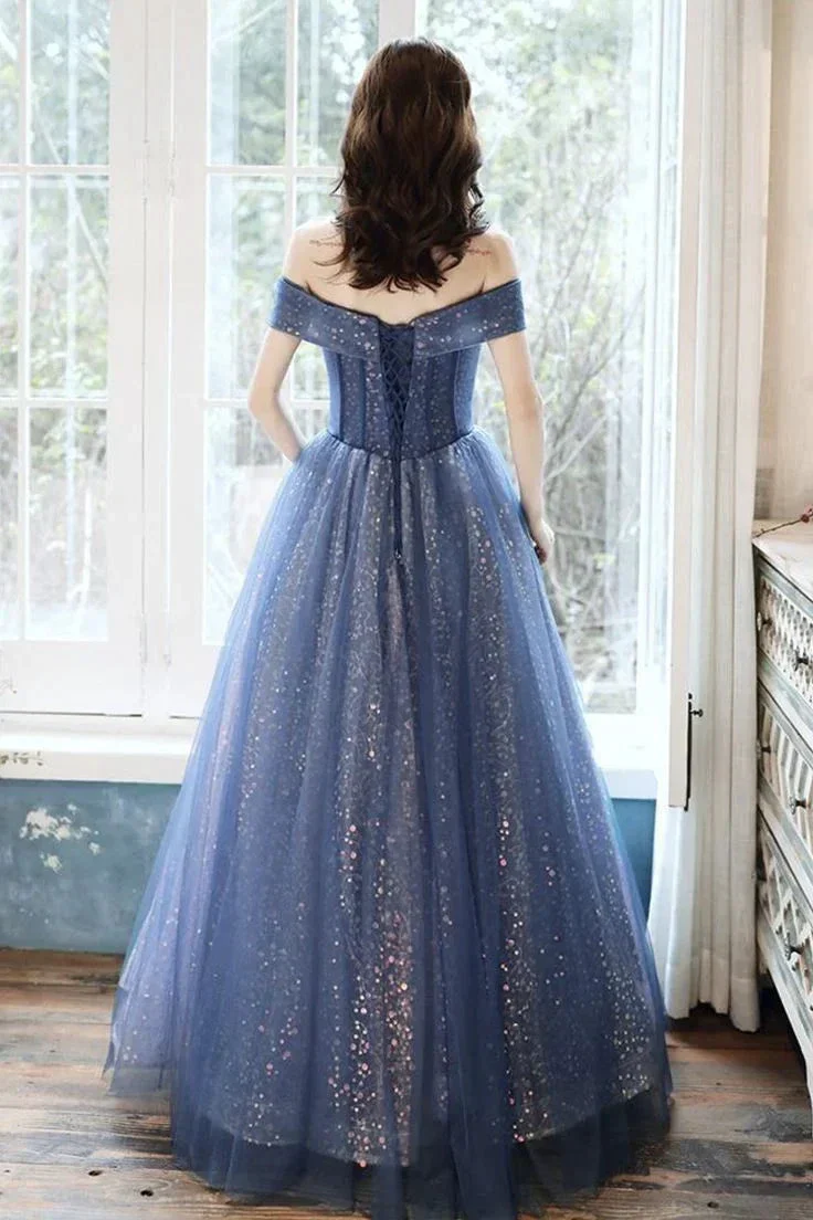 Blue Tulle Sequins Long Ball Gown Dress Formal Dress Y4907 - Image 3