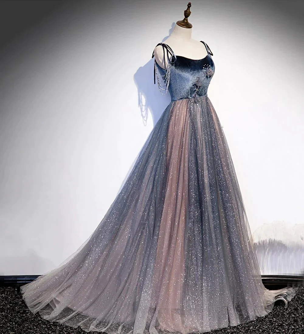Blue tulle sequins long prom dress evening dress s80 - Image 2