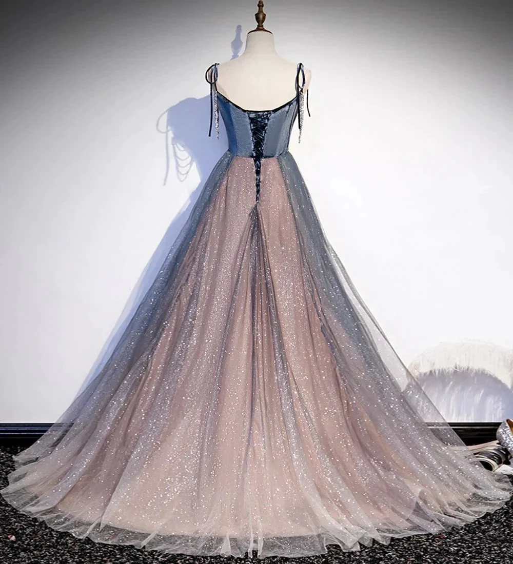 Blue tulle sequins long prom dress evening dress s80 - Image 3