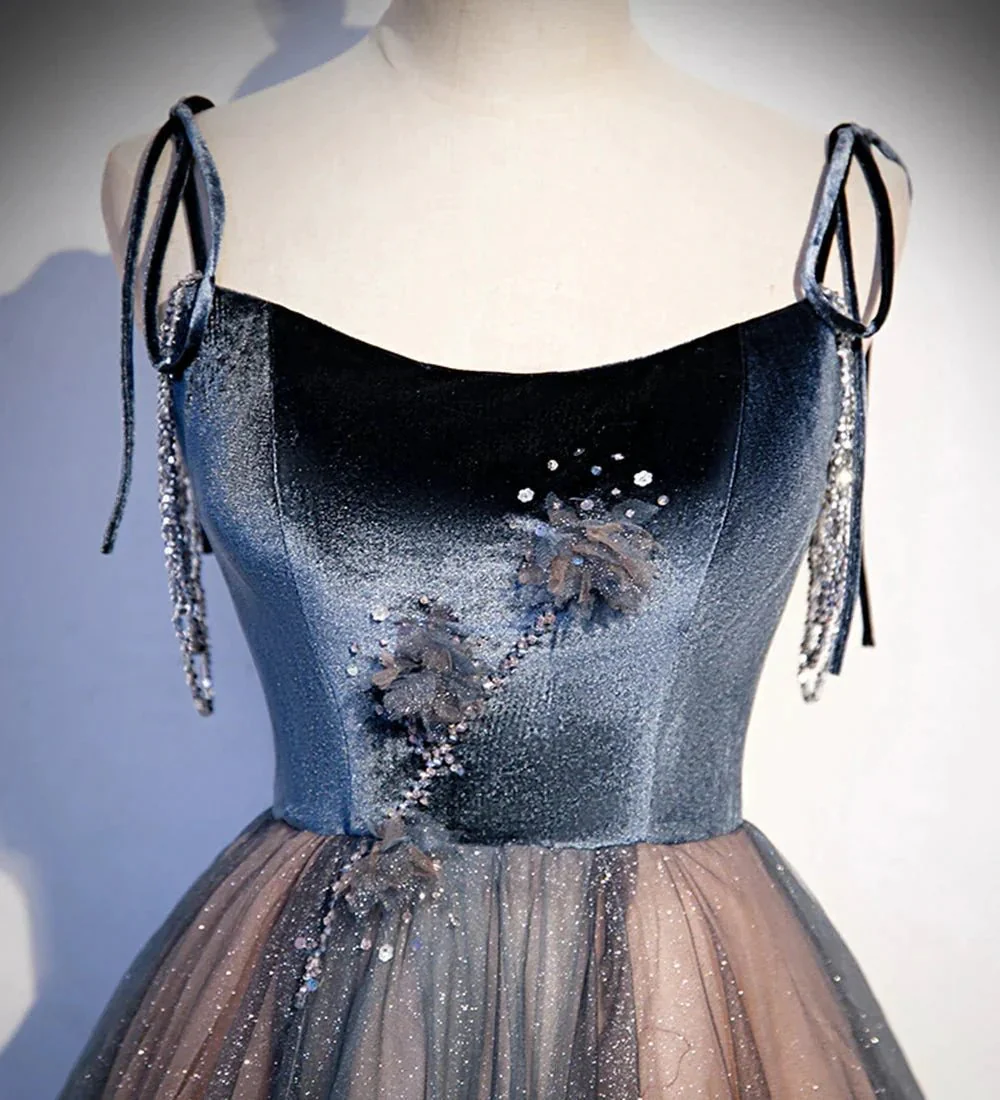 Blue tulle sequins long prom dress evening dress s80 - Image 4