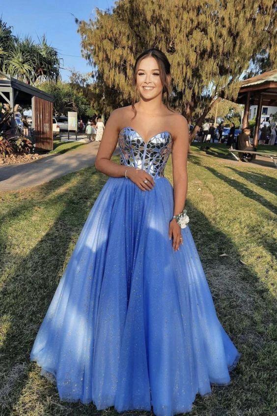 Blue Tulle Sequins Long Prom Dresses A-Line Strapless Evening Dresses Y944 - Image 2