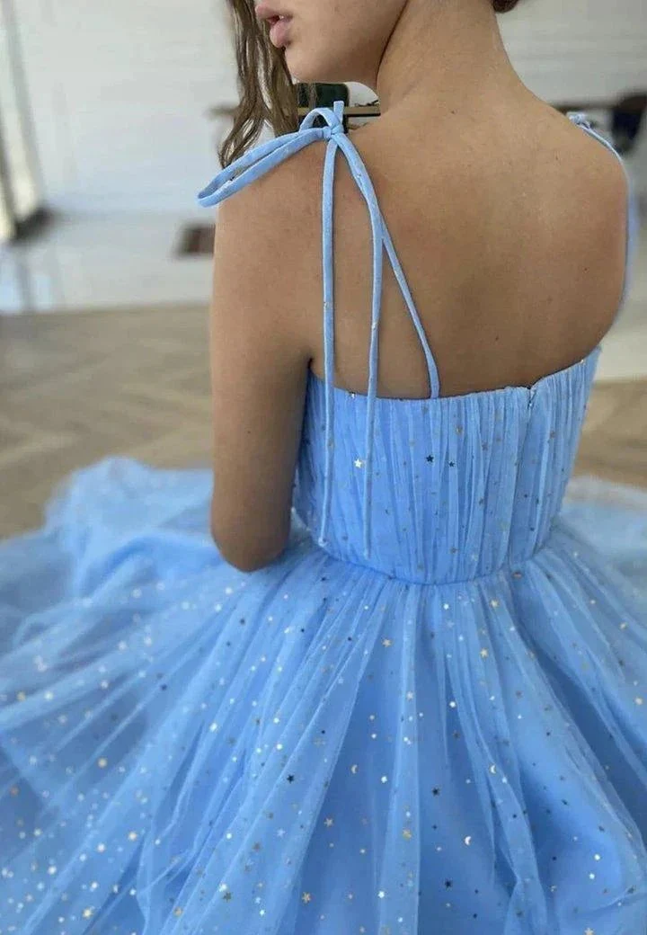 Blue Tulle Sequins Tea Length Prom Dress Party Dress Homecoming Dress PD430 - Image 3