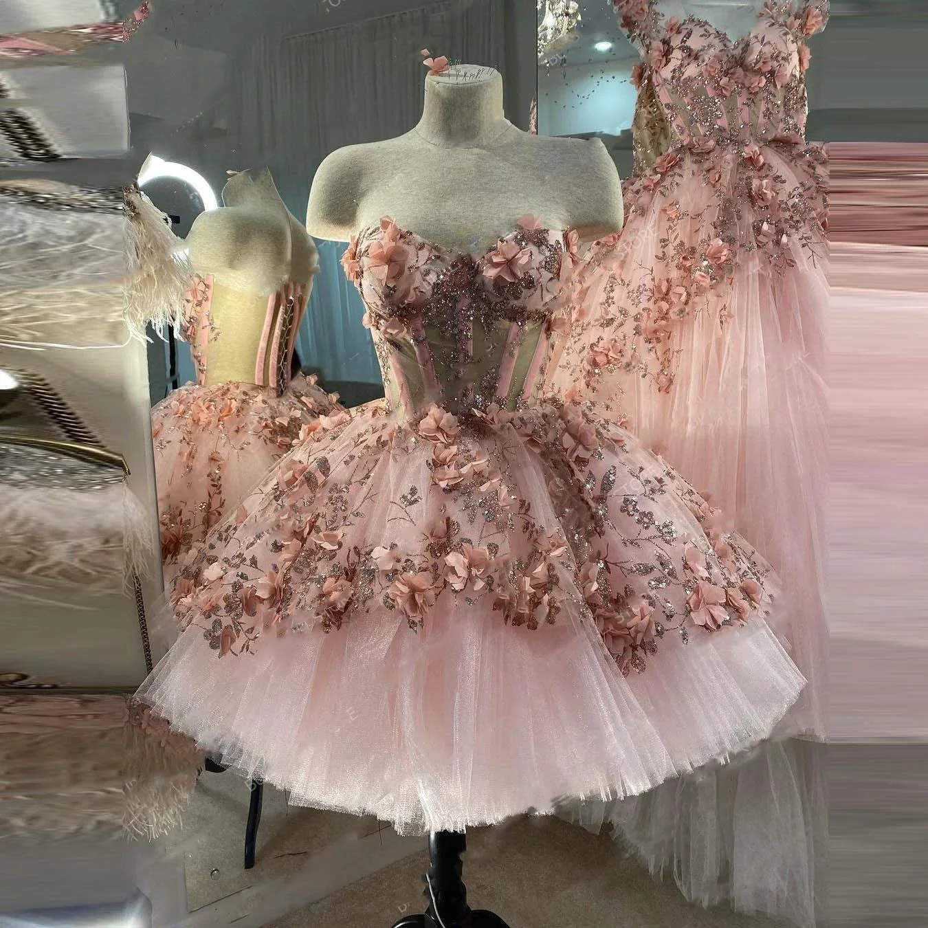 Blue Tulle Short Homecoming Dress With 3D Flowers Y38 - Image 2