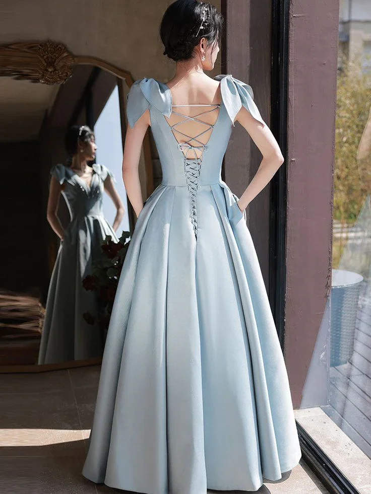 Blue V Neck Satin Long Prom Dress Blue Satin Evening Dresses Y4780 - Image 2