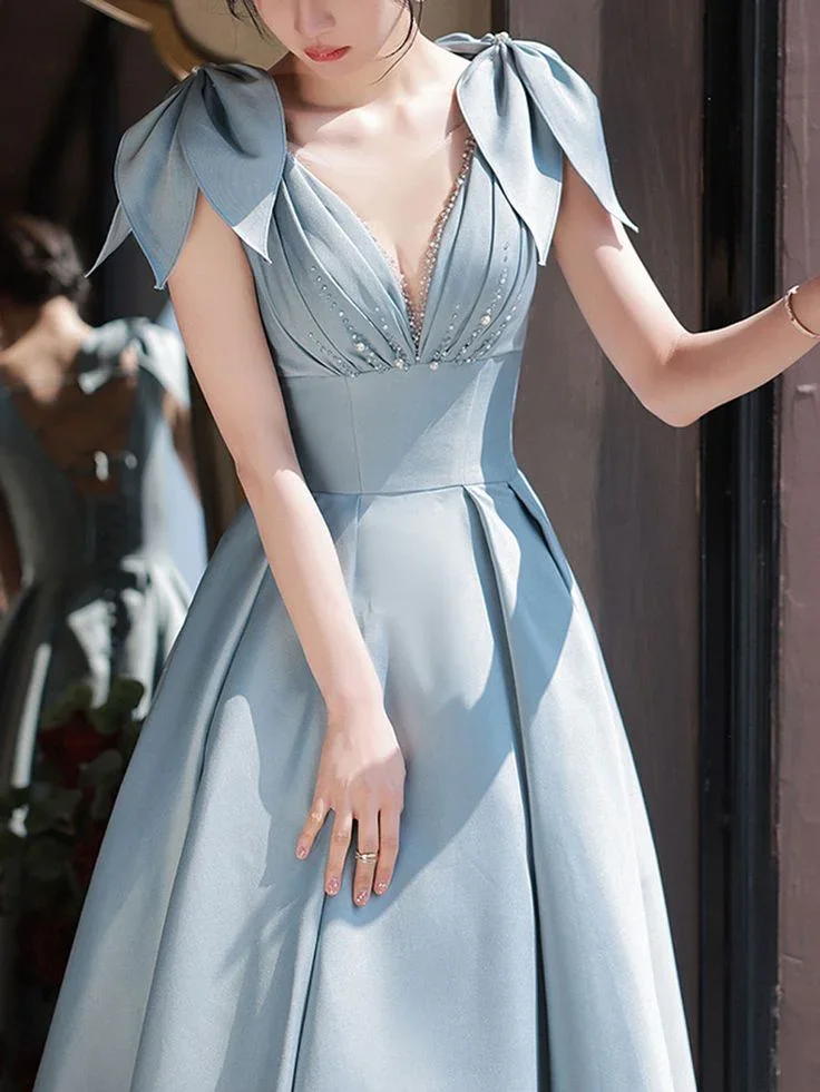 Blue V Neck Satin Long Prom Dress Blue Satin Evening Dresses Y4780 - Image 3