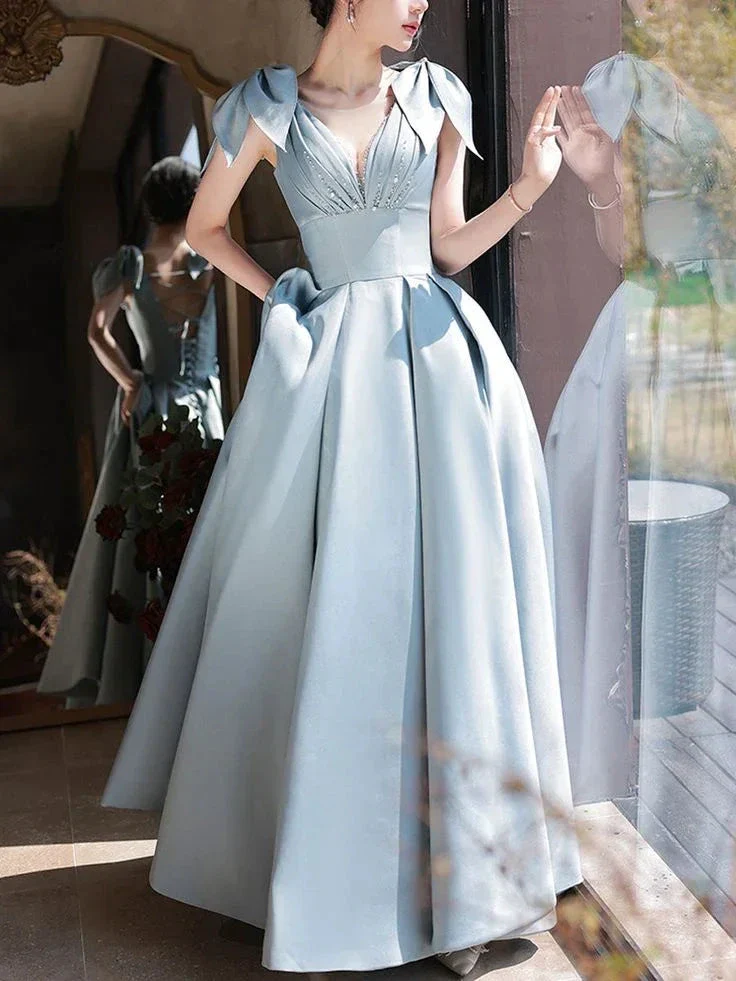 Blue V Neck Satin Long Prom Dress Blue Satin Evening Dresses Y4780 - Image 4