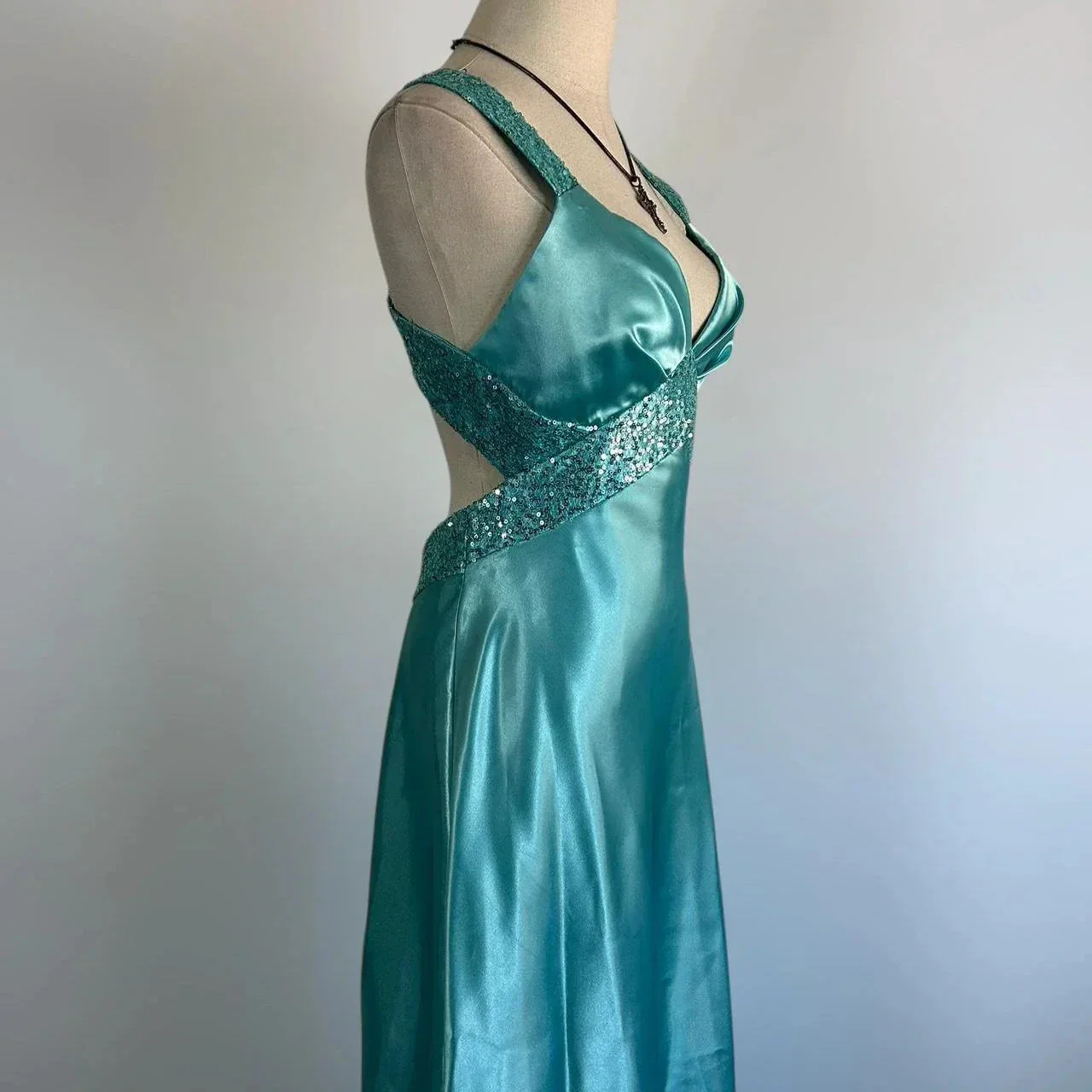 Blue V Neck Satin Sequin Formal Prom Dress Backless Evening Dress Y8548 - Image 4