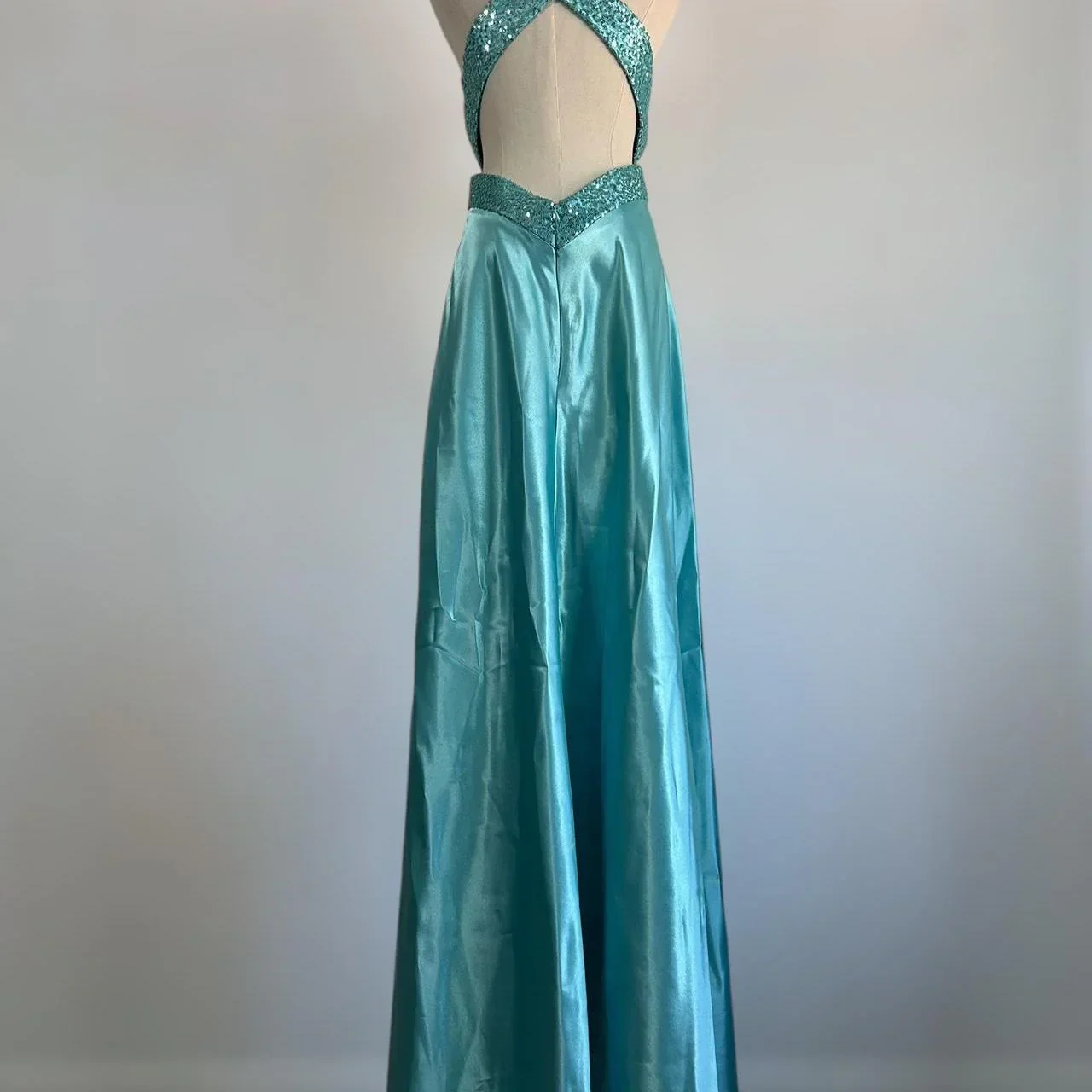Blue V Neck Satin Sequin Formal Prom Dress Backless Evening Dress Y8548 - Image 5