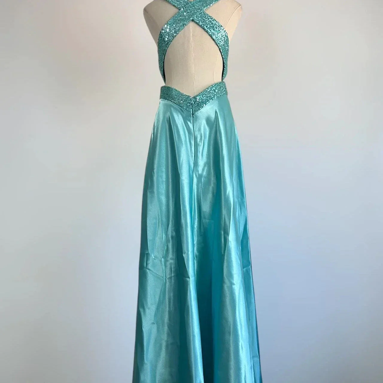 Blue V Neck Satin Sequin Formal Prom Dress Backless Evening Dress Y8548 - Image 6