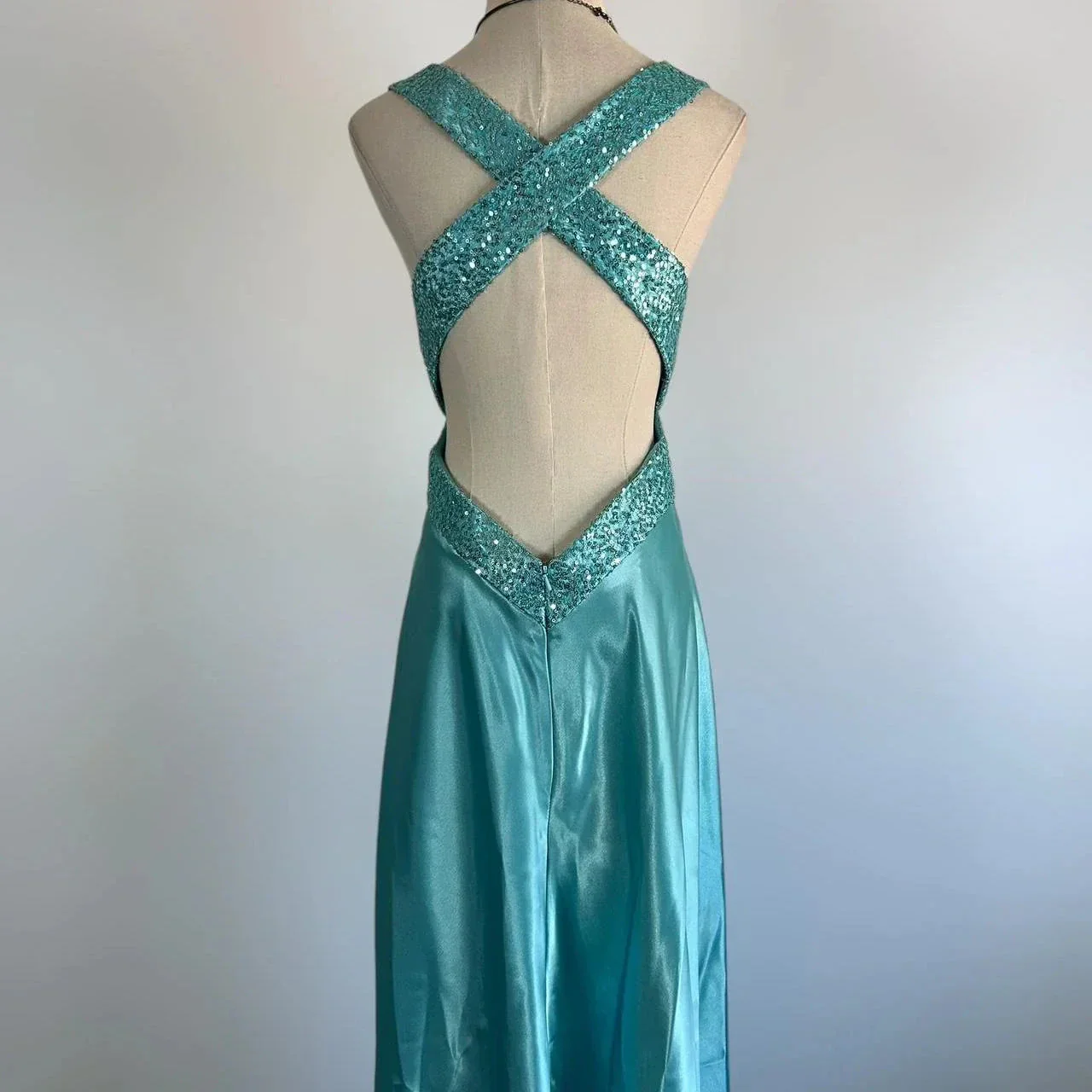 Blue V Neck Satin Sequin Formal Prom Dress Backless Evening Dress Y8548 - Image 7