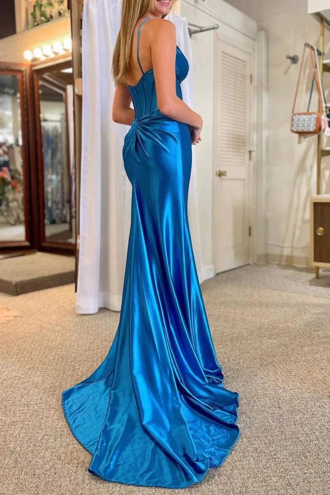 Shelby| Mermaid Spaghetti Strap V-Neck Satin Prom Dress with Slit - Image 3