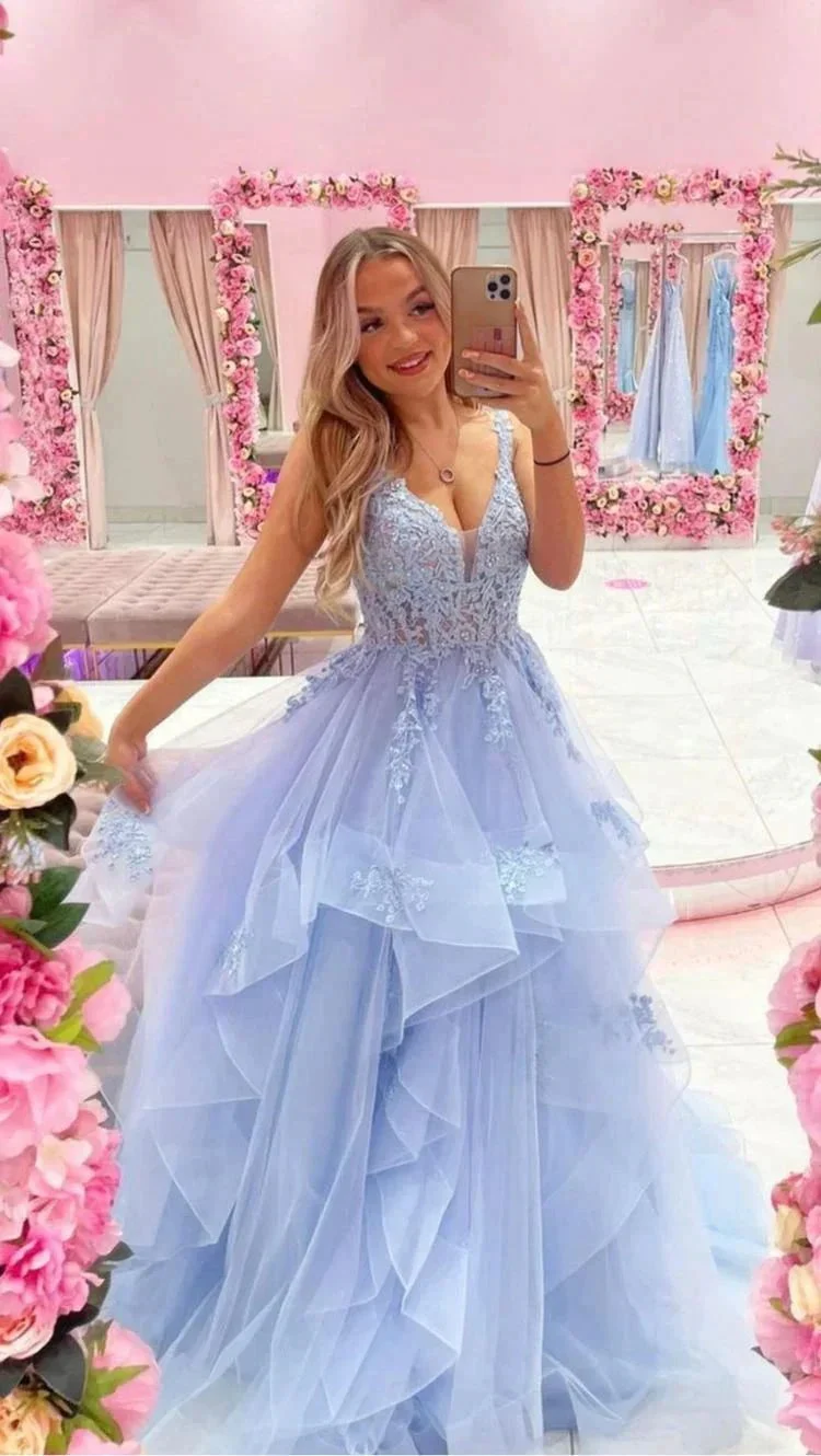 Blue v neck tulle lace long prom dress blue evening dress Y686 - Image 2