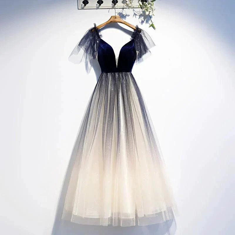 Blue v neck velvet top tulle short homecoming dress s98 - Image 2