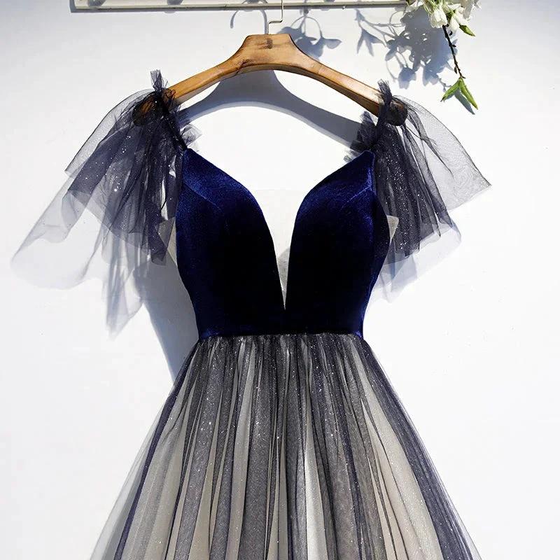 Blue v neck velvet top tulle short homecoming dress s98 - Image 4