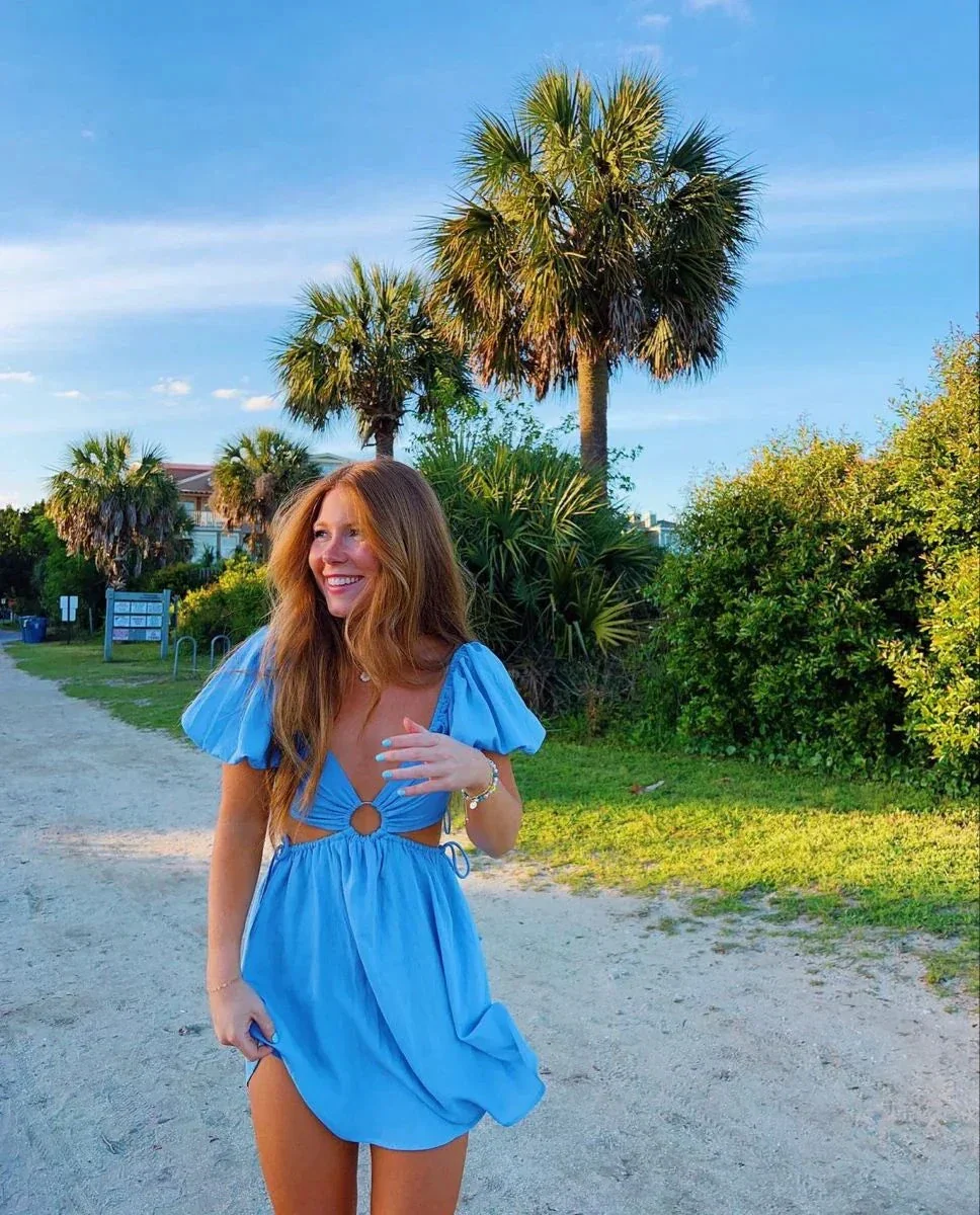 Blue Waist Cut Out Homecoming Dress Blue Beach Dress Y2748 - Image 2