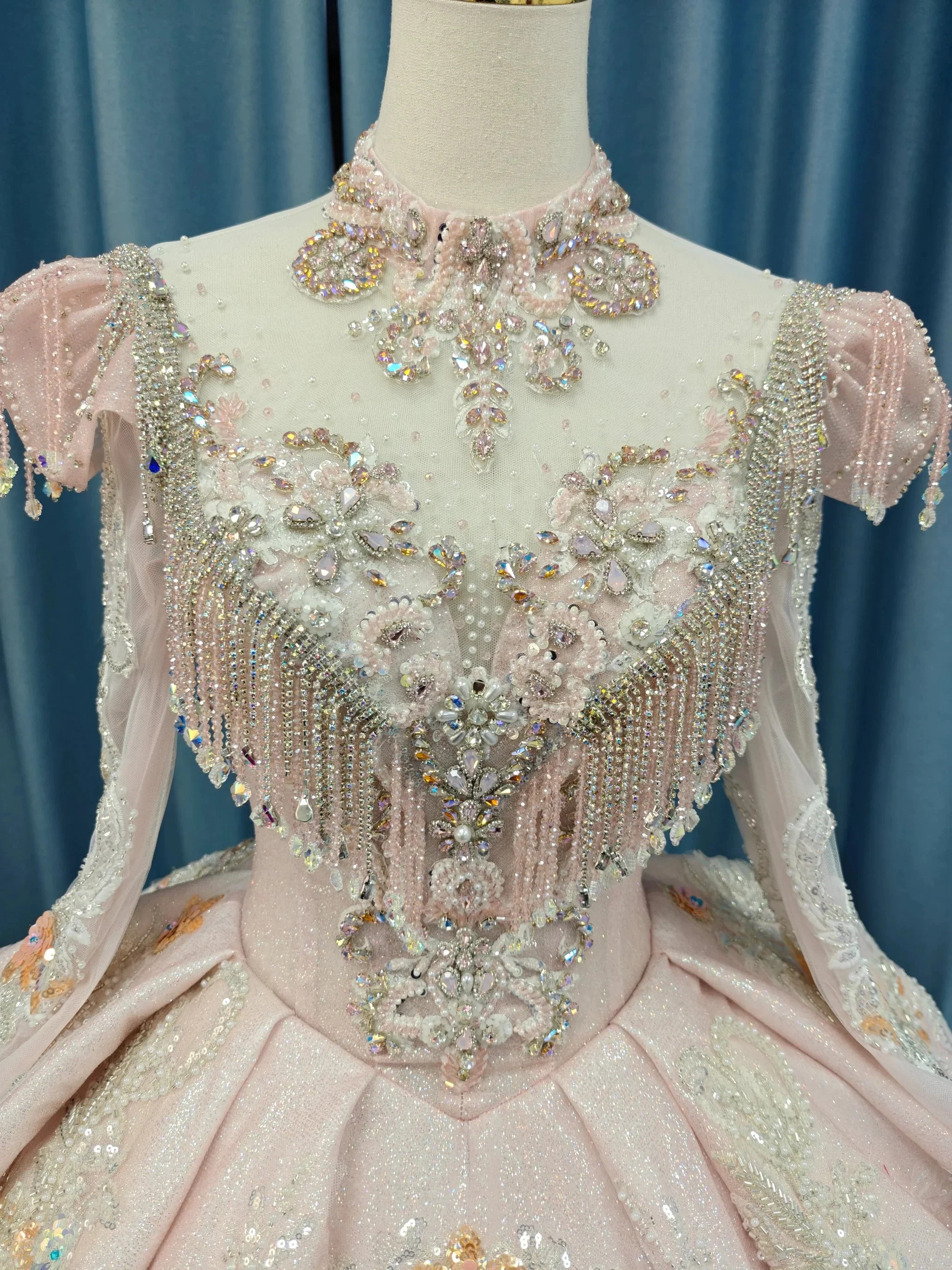 Lavish Blush Pink High-Neck Ball Gown Wedding Dress with Beaded Fringe & 3D Floral Embroidery Ye-2026 - Image 2