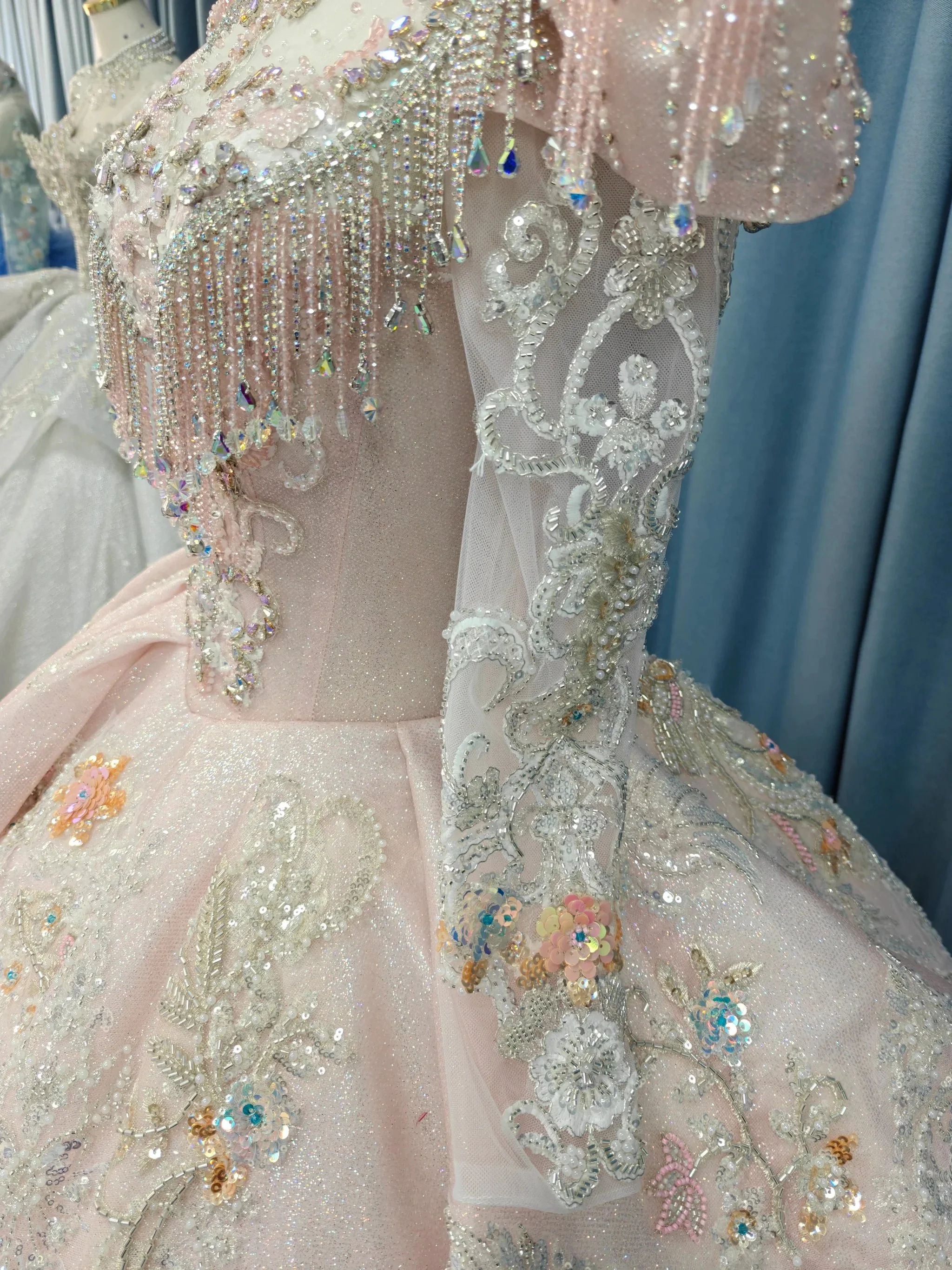 Lavish Blush Pink High-Neck Ball Gown Wedding Dress with Beaded Fringe & 3D Floral Embroidery Ye-2026 - Image 3