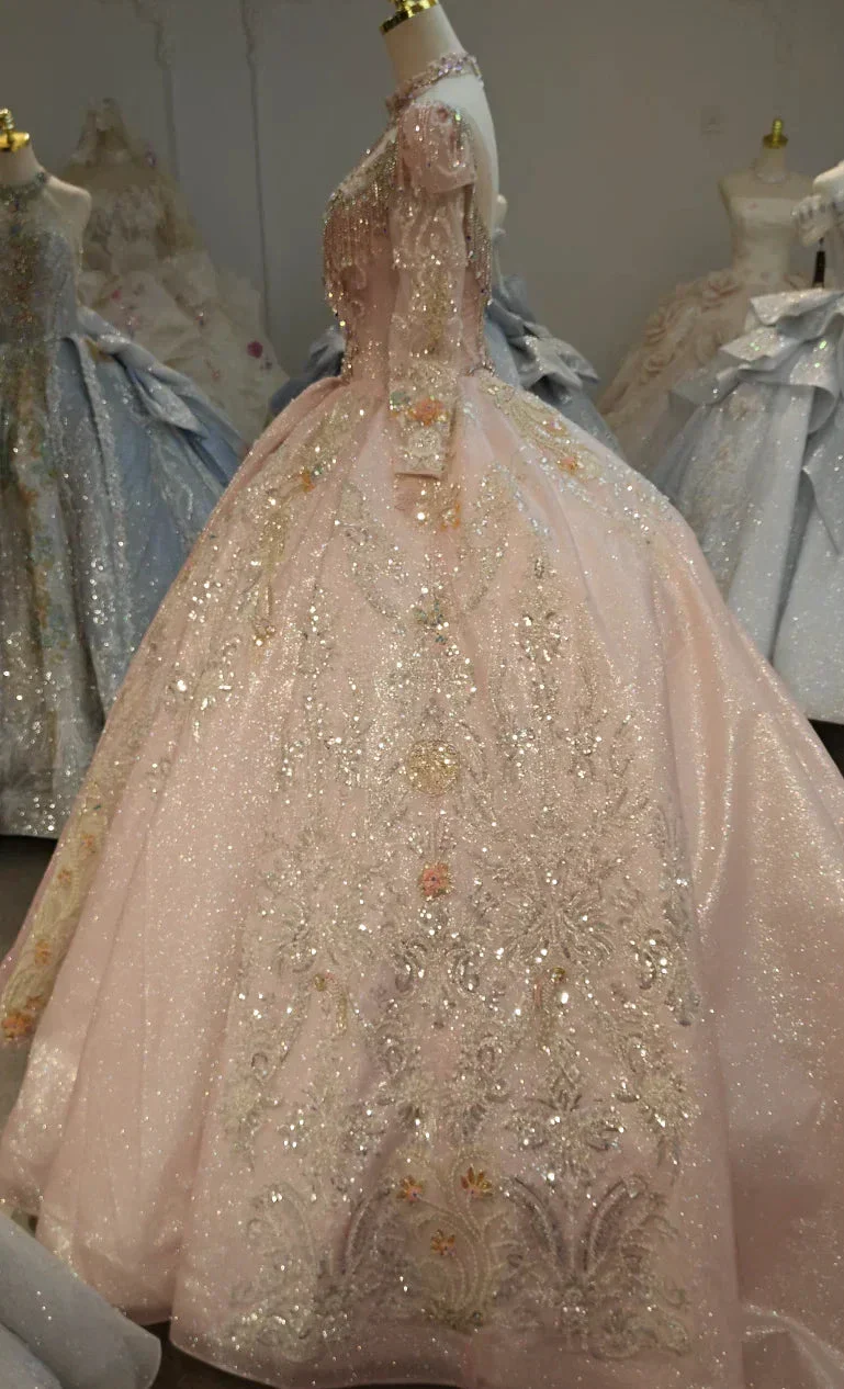 Lavish Blush Pink High-Neck Ball Gown Wedding Dress with Beaded Fringe & 3D Floral Embroidery Ye-2026 - Image 4