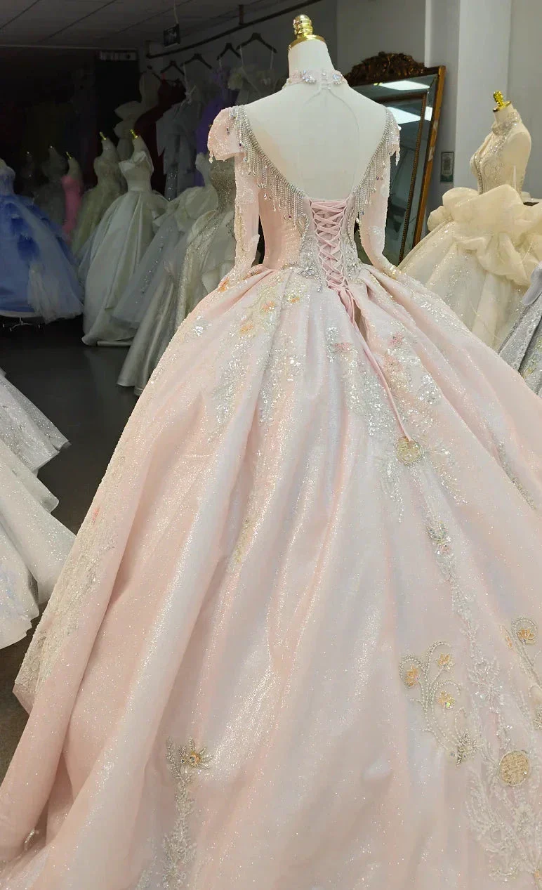 Lavish Blush Pink High-Neck Ball Gown Wedding Dress with Beaded Fringe & 3D Floral Embroidery Ye-2026 - Image 5
