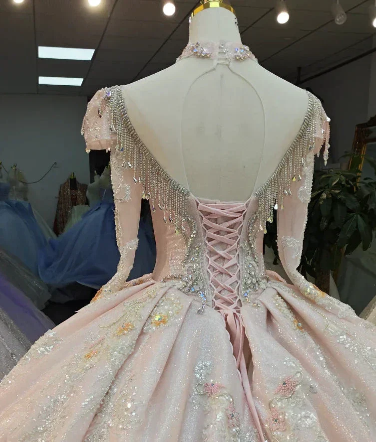 Lavish Blush Pink High-Neck Ball Gown Wedding Dress with Beaded Fringe & 3D Floral Embroidery Ye-2026 - Image 6