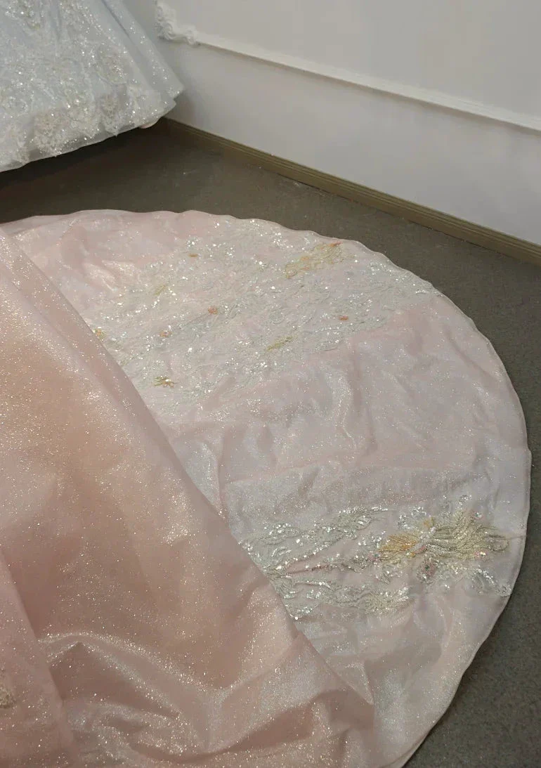 Lavish Blush Pink High-Neck Ball Gown Wedding Dress with Beaded Fringe & 3D Floral Embroidery Ye-2026 - Image 7