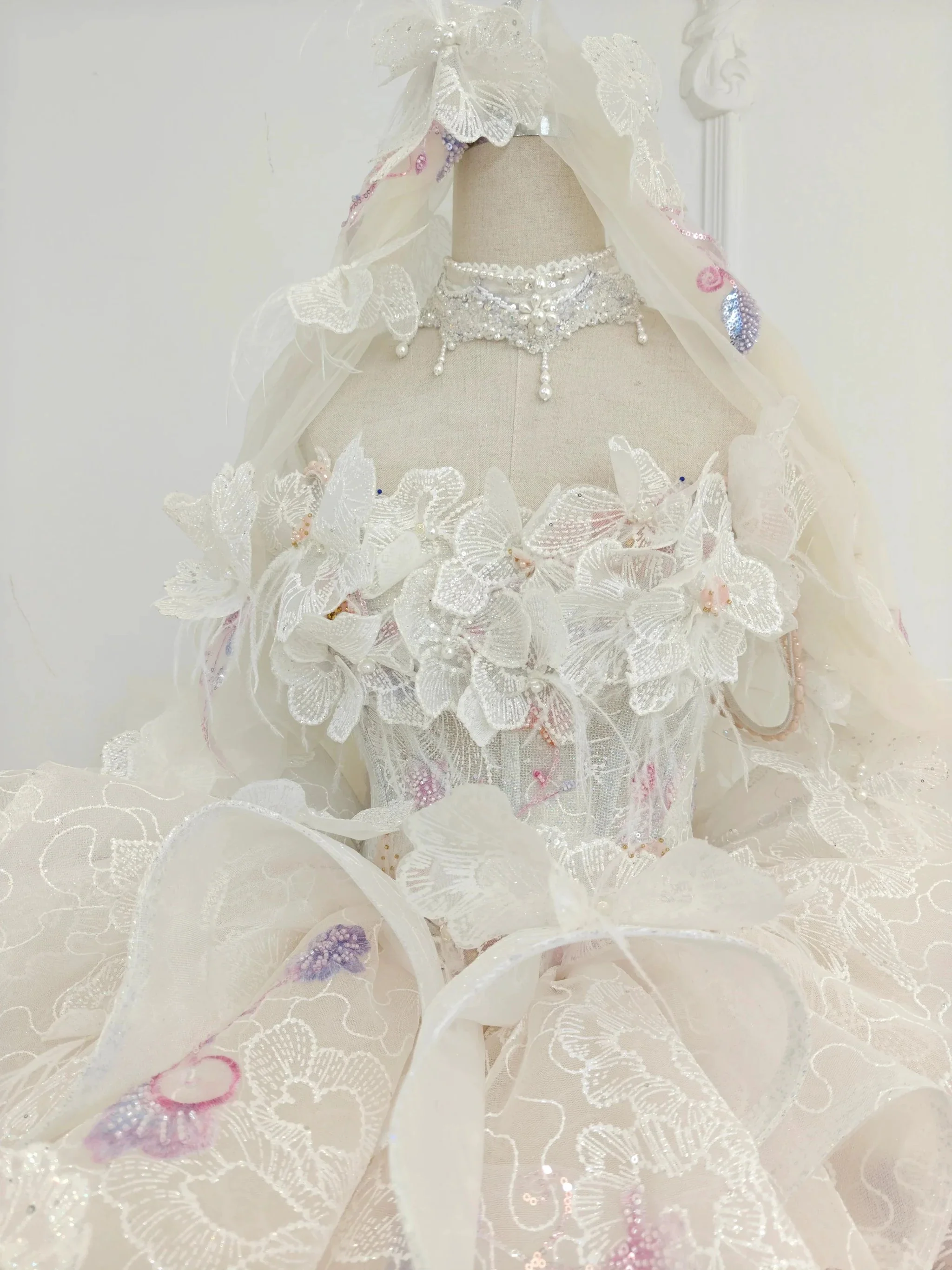 Blush Floral Strapless Ballgown Embroidered Skirt & Tulle Cape - Image 2