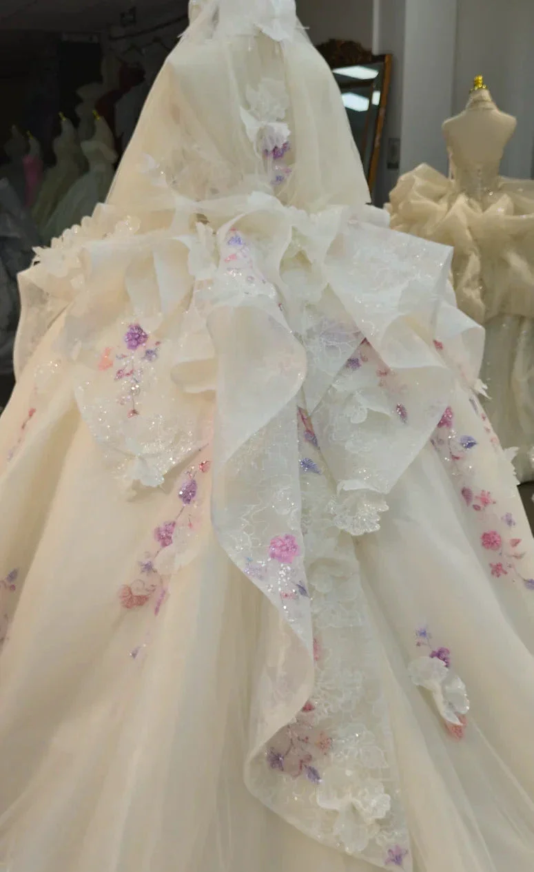 Blush Floral Strapless Ballgown Embroidered Skirt & Tulle Cape - Image 3