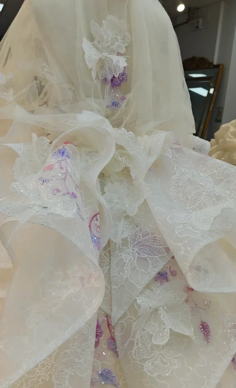 Blush Floral Strapless Ballgown Embroidered Skirt & Tulle Cape - Image 4