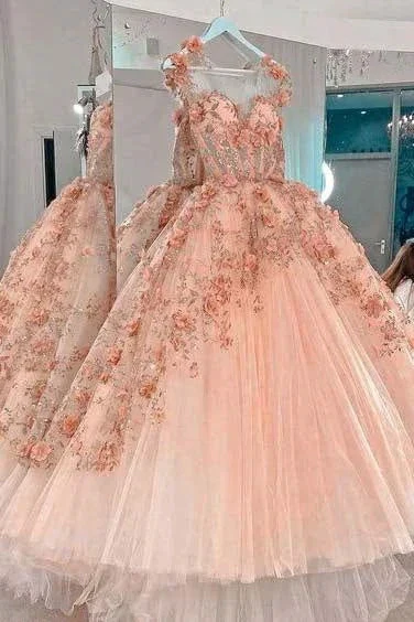Blush Pink Flowers Applique Ball Gown,A Line Tulle Prom Dresses,Quinceanera Dresses Y388 - Image 2