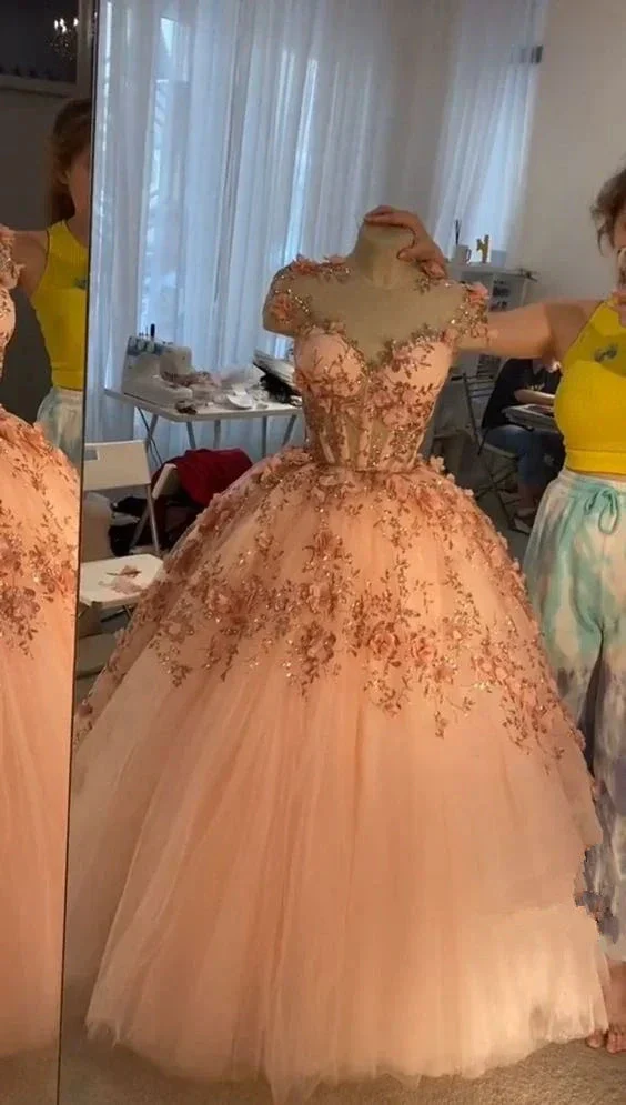Blush Pink Flowers Applique Ball Gown,A Line Tulle Prom Dresses,Quinceanera Dresses Y388 - Image 3