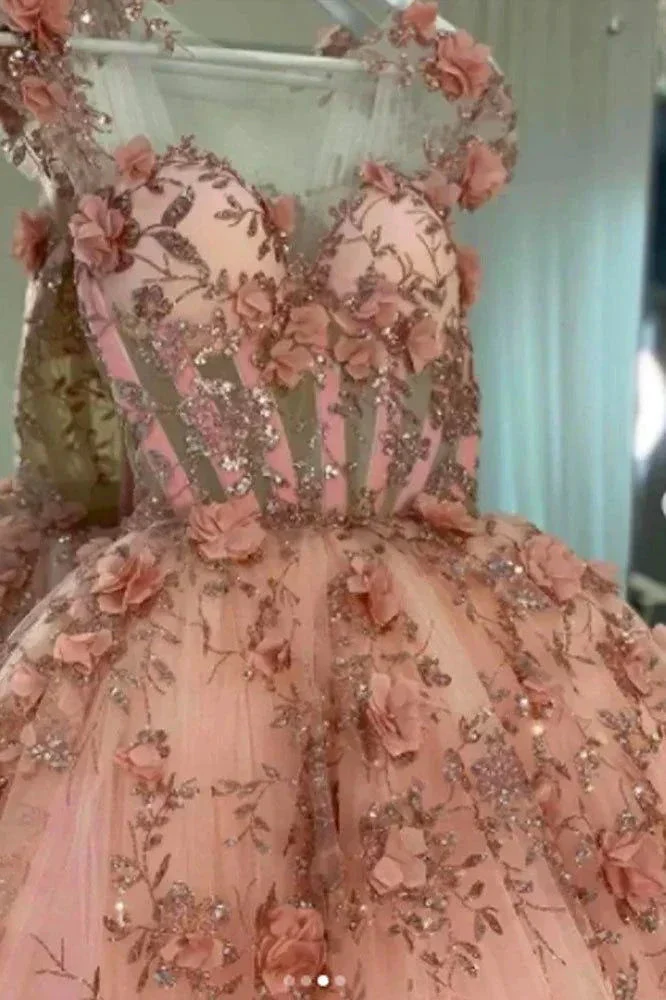 Blush Pink Flowers Applique Ball Gown,A Line Tulle Prom Dresses,Quinceanera Dresses Y388 - Image 4