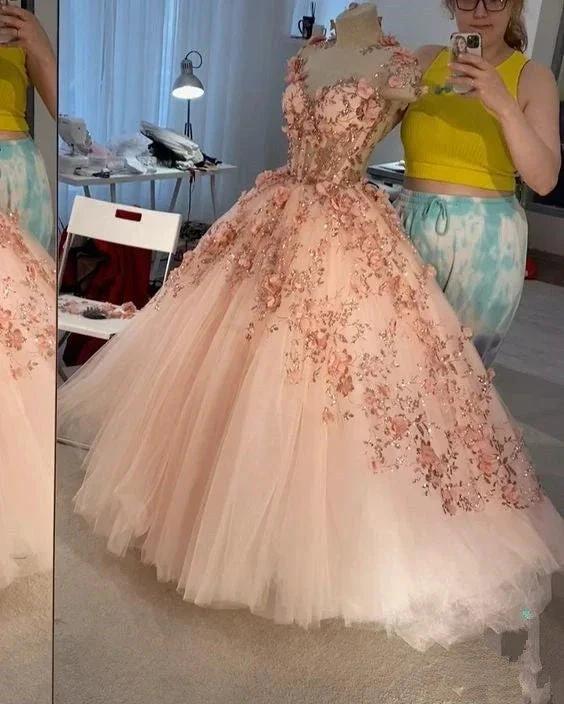Blush Pink Flowers Applique Ball Gown,A Line Tulle Prom Dresses,Quinceanera Dresses Y388 - Image 5